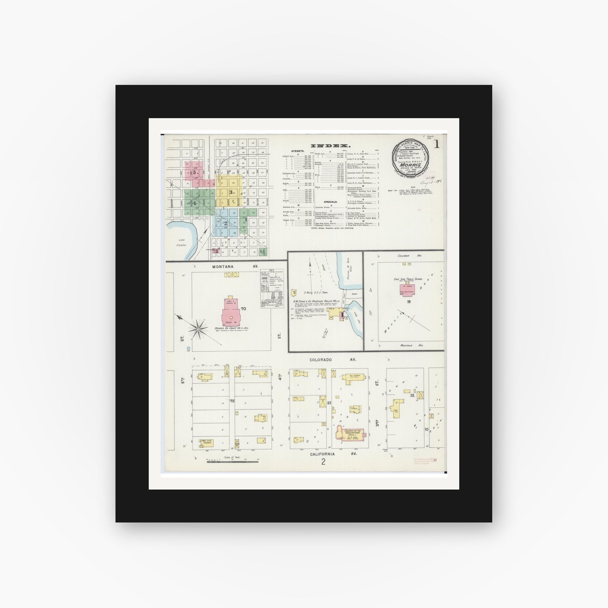 Old map wall art mockup — black gallery frame with white mat — Sanborn Fire Insurance Map from Morris, Stevens County, Minnesota (1896), Sheet #0001