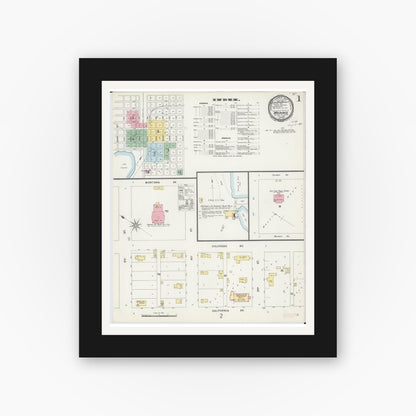 Old map wall art mockup — black gallery frame with white mat — Sanborn Fire Insurance Map from Morris, Stevens County, Minnesota (1896), Sheet #0001