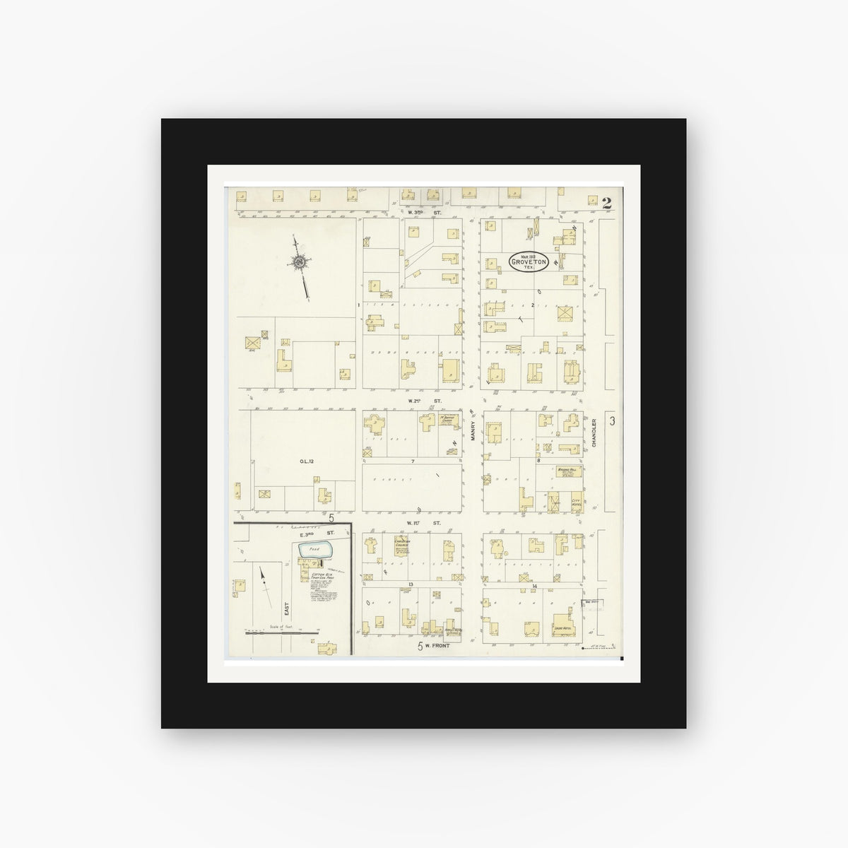 Old map wall art mockup — black gallery frame with white mat — Sanborn Fire Insurance Map from Groveton, Trinity County, Texas (1912), Sheet #0002