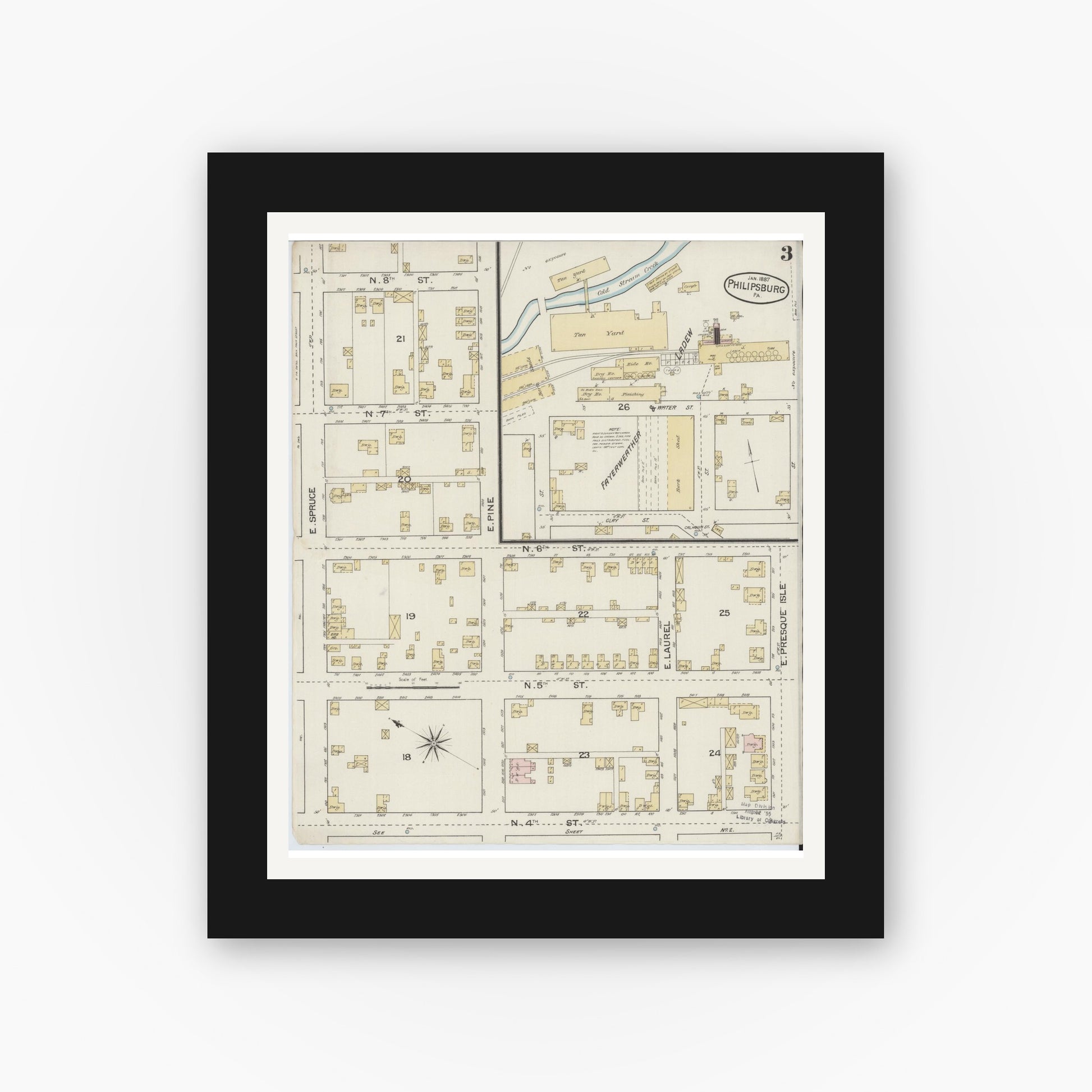 Old map wall art mockup — black gallery frame with white mat — Sanborn Fire Insurance Map from Philipsburg, Centre County, Pennsylvania (1887), Sheet #0003