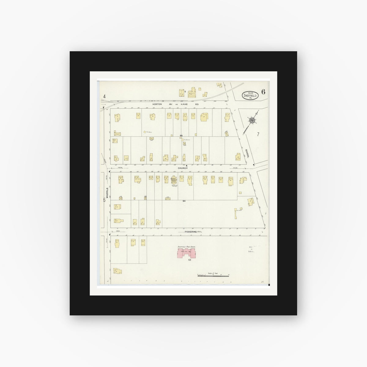 Old map wall art mockup — black gallery frame with white mat — Sanborn Fire Insurance Map from Sheffield, Warren County, Pennsylvania (1910), Sheet #0006