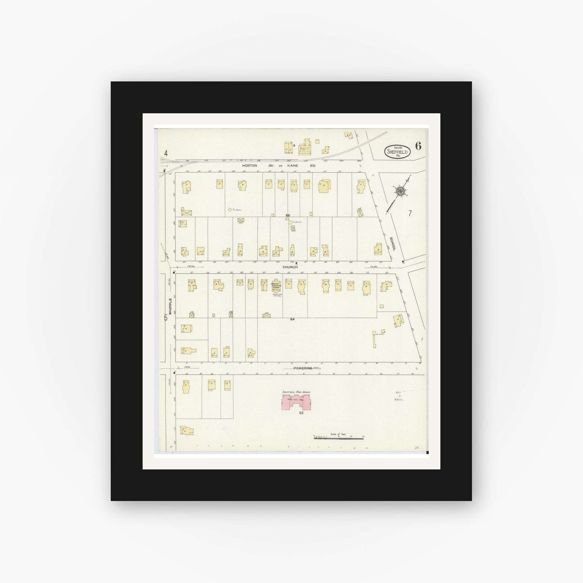 Old map wall art mockup — black gallery frame with white mat — Sanborn Fire Insurance Map from Sheffield, Warren County, Pennsylvania (1910), Sheet #0006