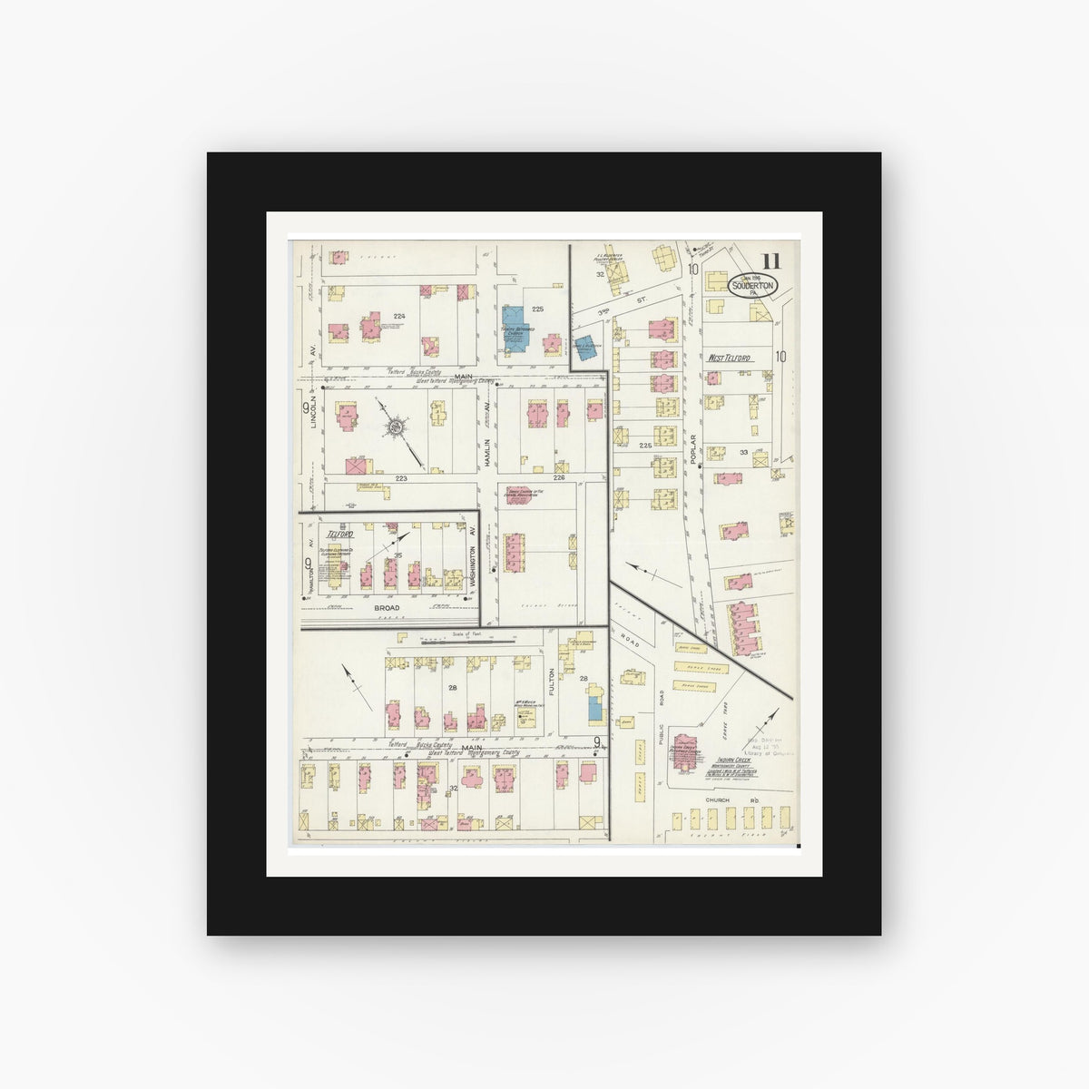 Old map wall art mockup — black gallery frame with white mat — Sanborn Fire Insurance Map from Souderton, Montgomery County, Pennsylvania (1914), Sheet #0011