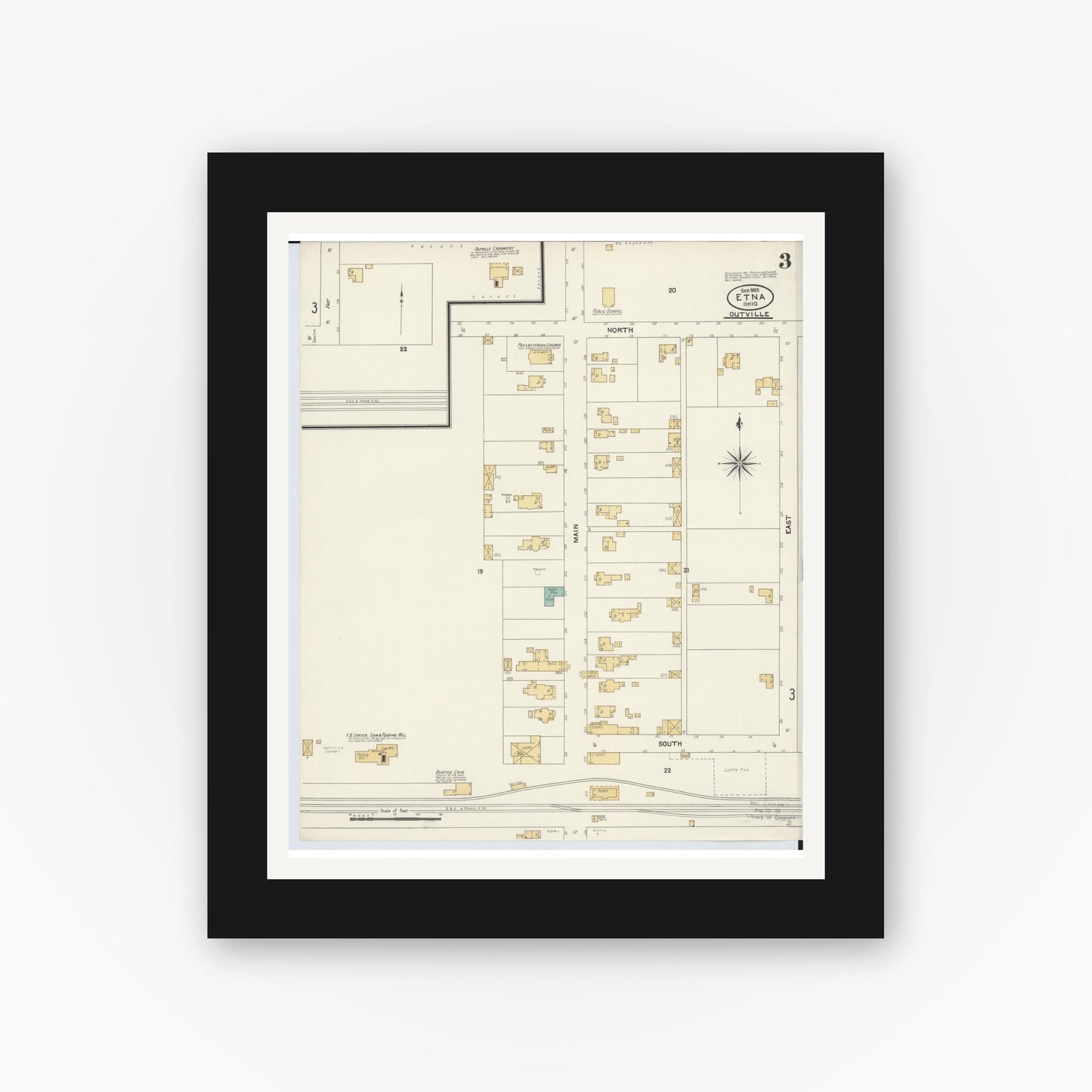 Old map wall art mockup — black gallery frame with white mat — Sanborn Fire Insurance Map from Etna, Luking County, Ohio (1905), Sheet #0003
