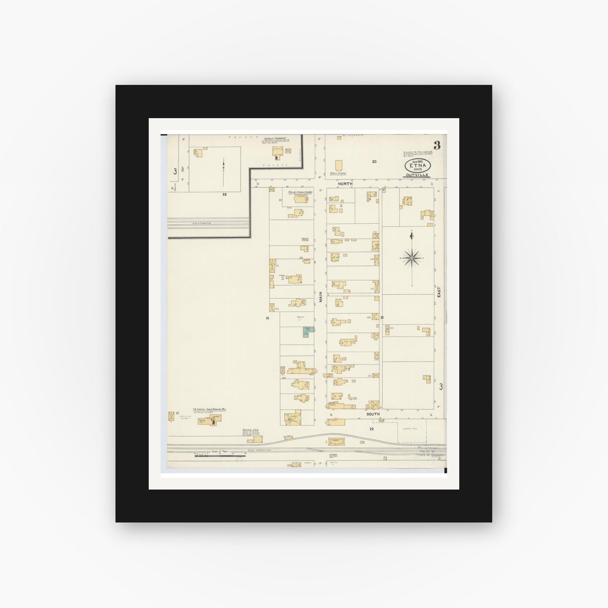 Old map wall art mockup — black gallery frame with white mat — Sanborn Fire Insurance Map from Etna, Luking County, Ohio (1905), Sheet #0003