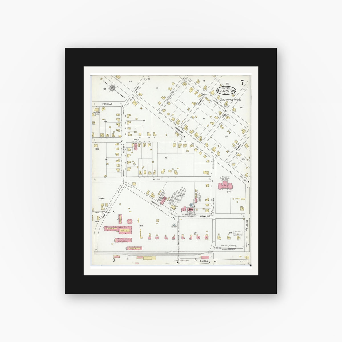 Old map wall art mockup — black gallery frame with white mat — Sanborn Fire Insurance Map from Burlington, Alamance County, North Carolina (1918), Sheet #0007