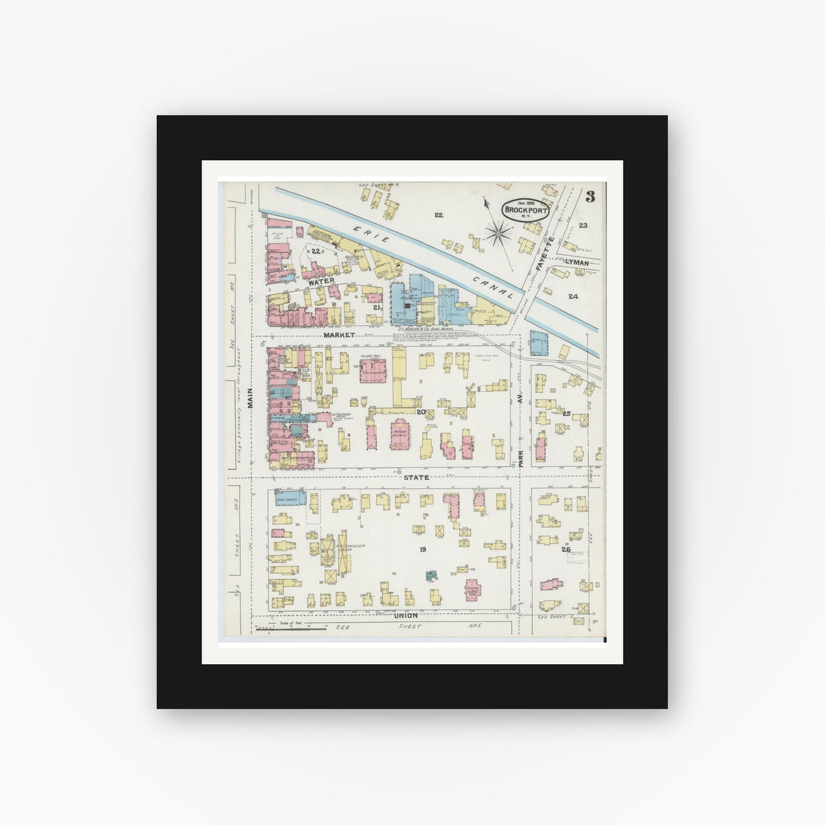 Old map wall art mockup — black gallery frame with white mat — Sanborn Fire Insurance Map from Brockport, Monroe County, New York (1892), Sheet #0003