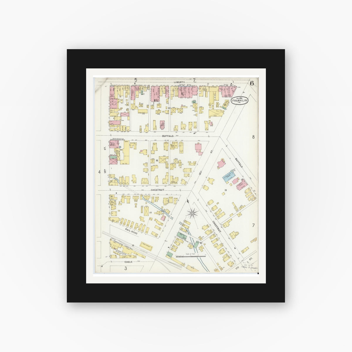 Old map wall art mockup — black gallery frame with white mat — Sanborn Fire Insurance Map from Franklin, Venango County, Pennsylvania (1896), Sheet #0006