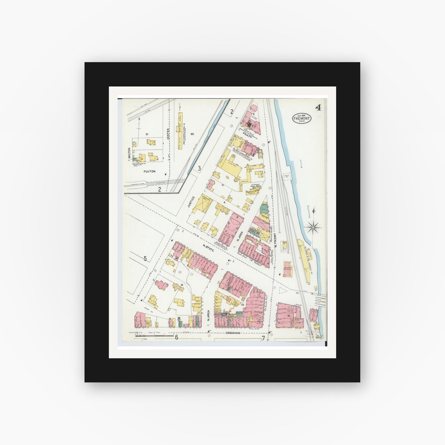 Old map wall art mockup — black gallery frame with white mat — Sanborn Fire Insurance Map from Fremont, Sandusky County, Ohio (1904), Sheet #0004