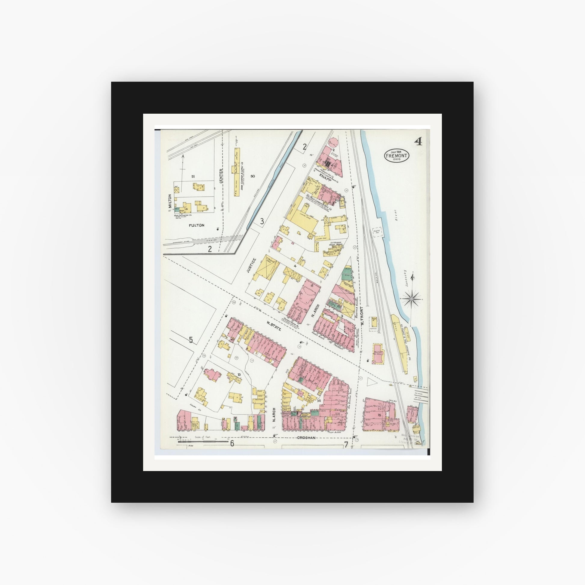 Old map wall art mockup — black gallery frame with white mat — Sanborn Fire Insurance Map from Fremont, Sandusky County, Ohio (1904), Sheet #0004