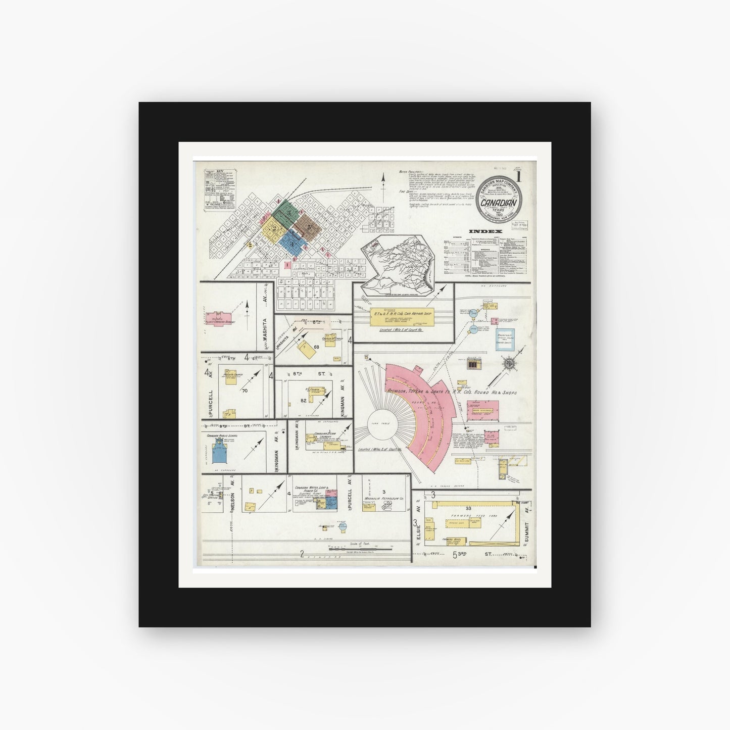 Old map wall art mockup — black gallery frame with white mat — Sanborn Fire Insurance Map from Canadian, Hemphill County, Texas (1920), Sheet #0001