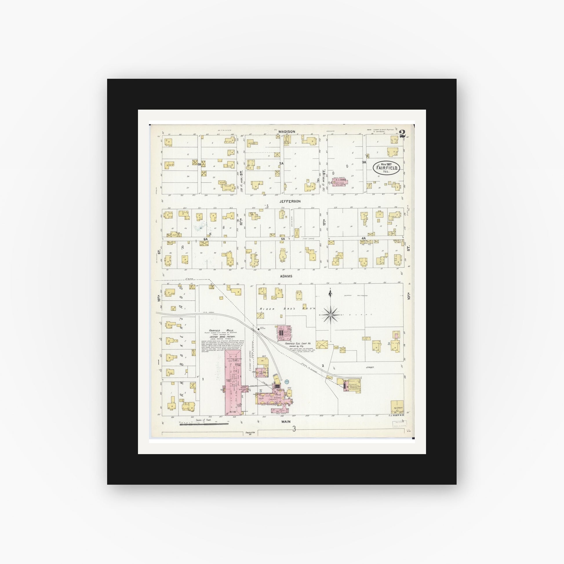 Old map wall art mockup — black gallery frame with white mat — Sanborn Fire Insurance Map from Fairfield, Wayne County, Illinois (1907), Sheet #0002