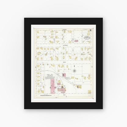 Old map wall art mockup — black gallery frame with white mat — Sanborn Fire Insurance Map from Fairfield, Wayne County, Illinois (1907), Sheet #0002