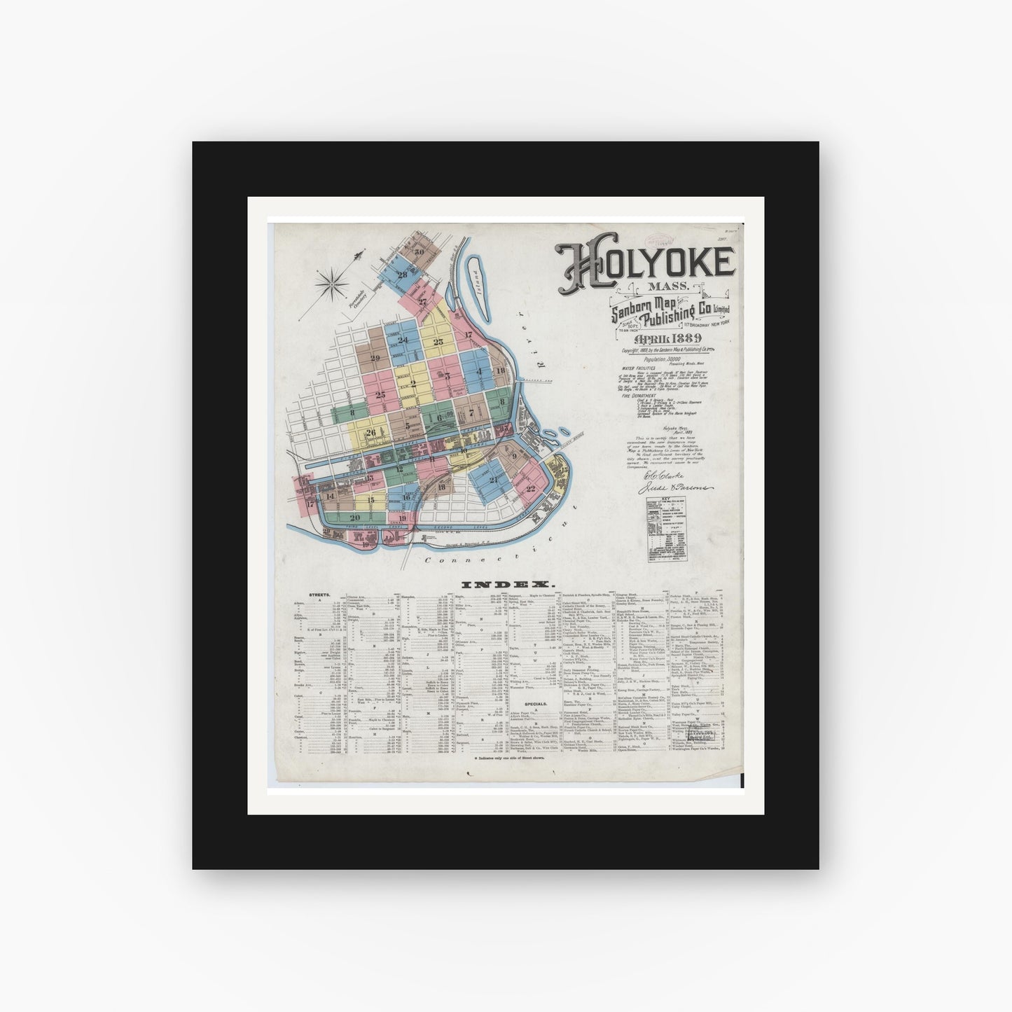 Old map wall art mockup — black gallery frame with white mat — Sanborn Fire Insurance Map from Holyoke, Hampden County, Massachusetts (1889), Sheet #0001
