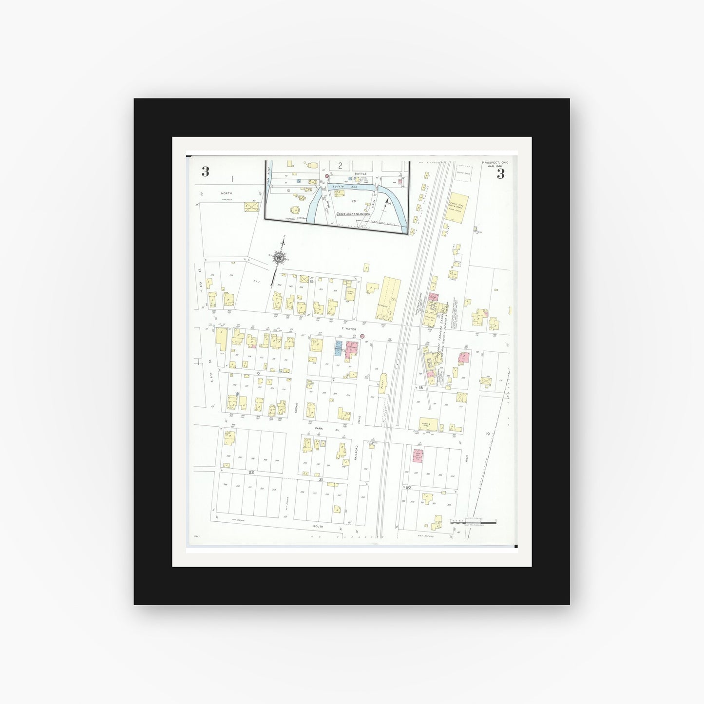 Old map wall art mockup — black gallery frame with white mat — Sanborn Fire Insurance Map from Prospect, Marion County, Ohio (1946), Sheet #0003