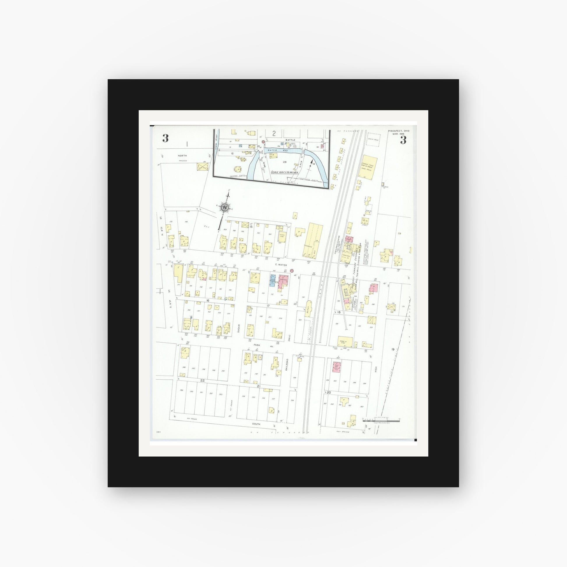 Old map wall art mockup — black gallery frame with white mat — Sanborn Fire Insurance Map from Prospect, Marion County, Ohio (1946), Sheet #0003