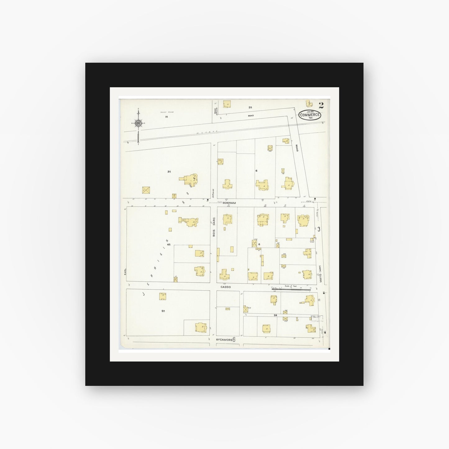 Old map wall art mockup — black gallery frame with white mat — Sanborn Fire Insurance Map from Commerce, Hunt County, Texas (1911), Sheet #0002