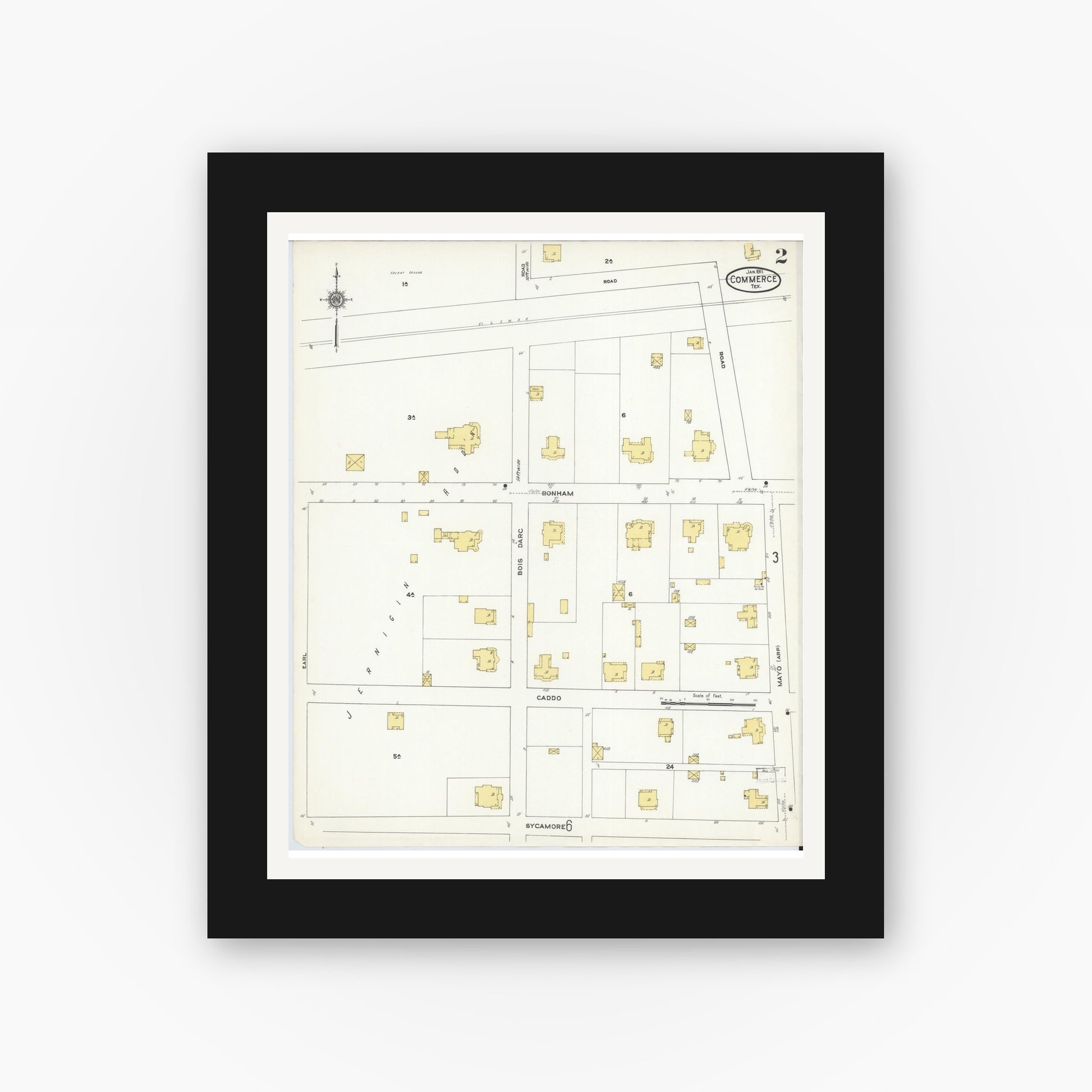 Old map wall art mockup — black gallery frame with white mat — Sanborn Fire Insurance Map from Commerce, Hunt County, Texas (1911), Sheet #0002