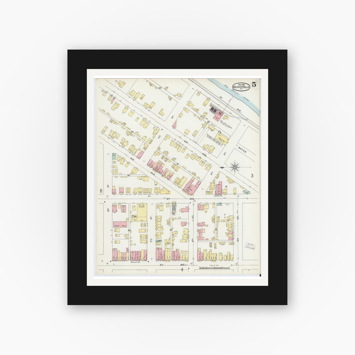 Old map wall art mockup — black gallery frame with white mat — Sanborn Fire Insurance Map from Beaver Falls, Beaver County, Pennsylvania (1896), Sheet #0005
