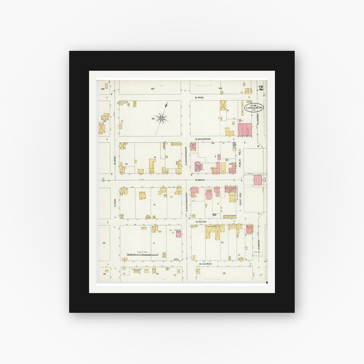 Old map wall art mockup — black gallery frame with white mat — Sanborn Fire Insurance Map from Lincolnton, Lincoln County, North Carolina (1906), Sheet #0002