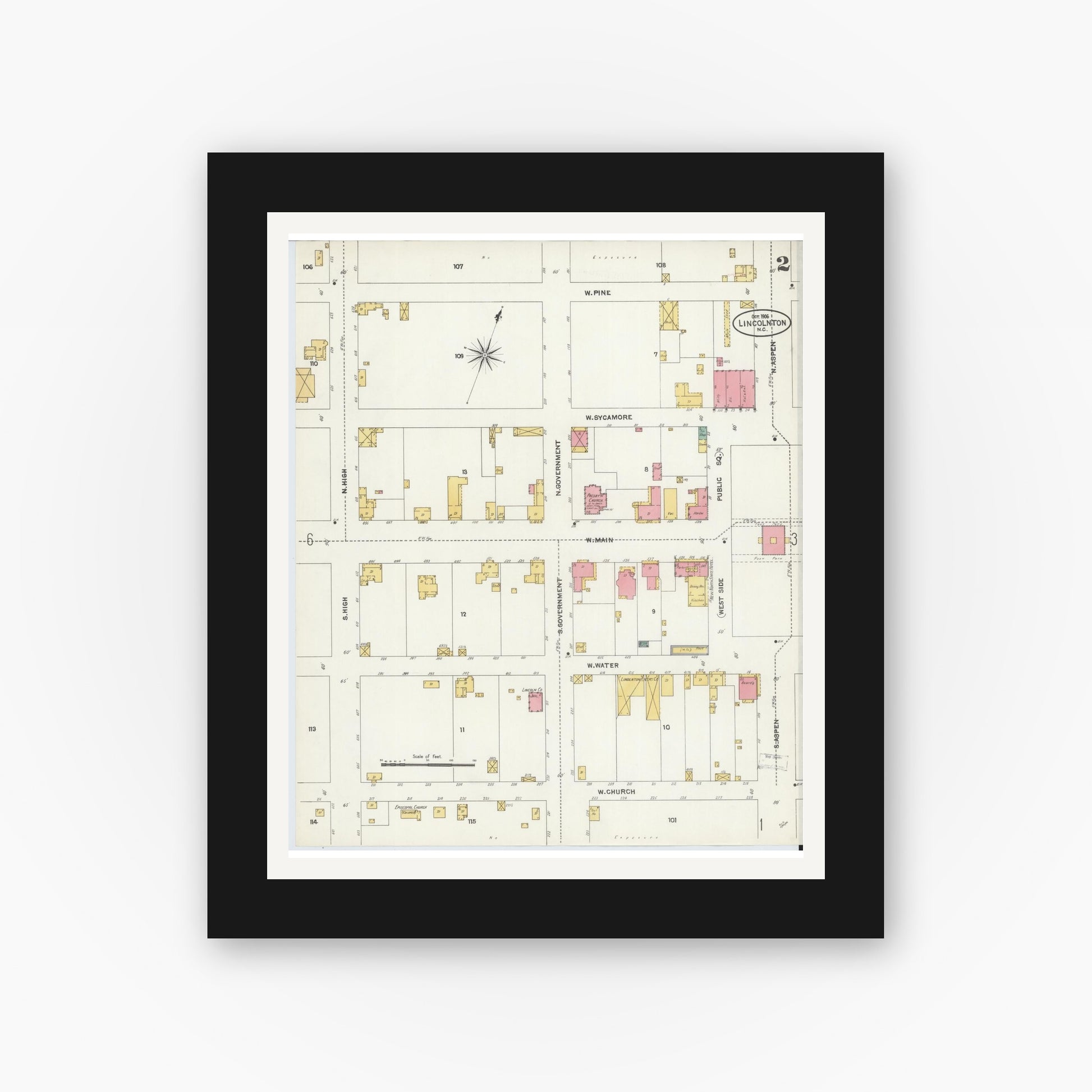 Old map wall art mockup — black gallery frame with white mat — Sanborn Fire Insurance Map from Lincolnton, Lincoln County, North Carolina (1906), Sheet #0002