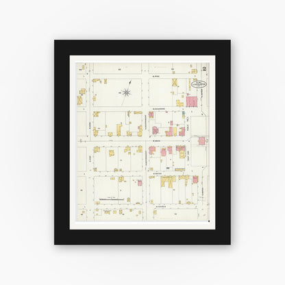 Old map wall art mockup — black gallery frame with white mat — Sanborn Fire Insurance Map from Lincolnton, Lincoln County, North Carolina (1906), Sheet #0002