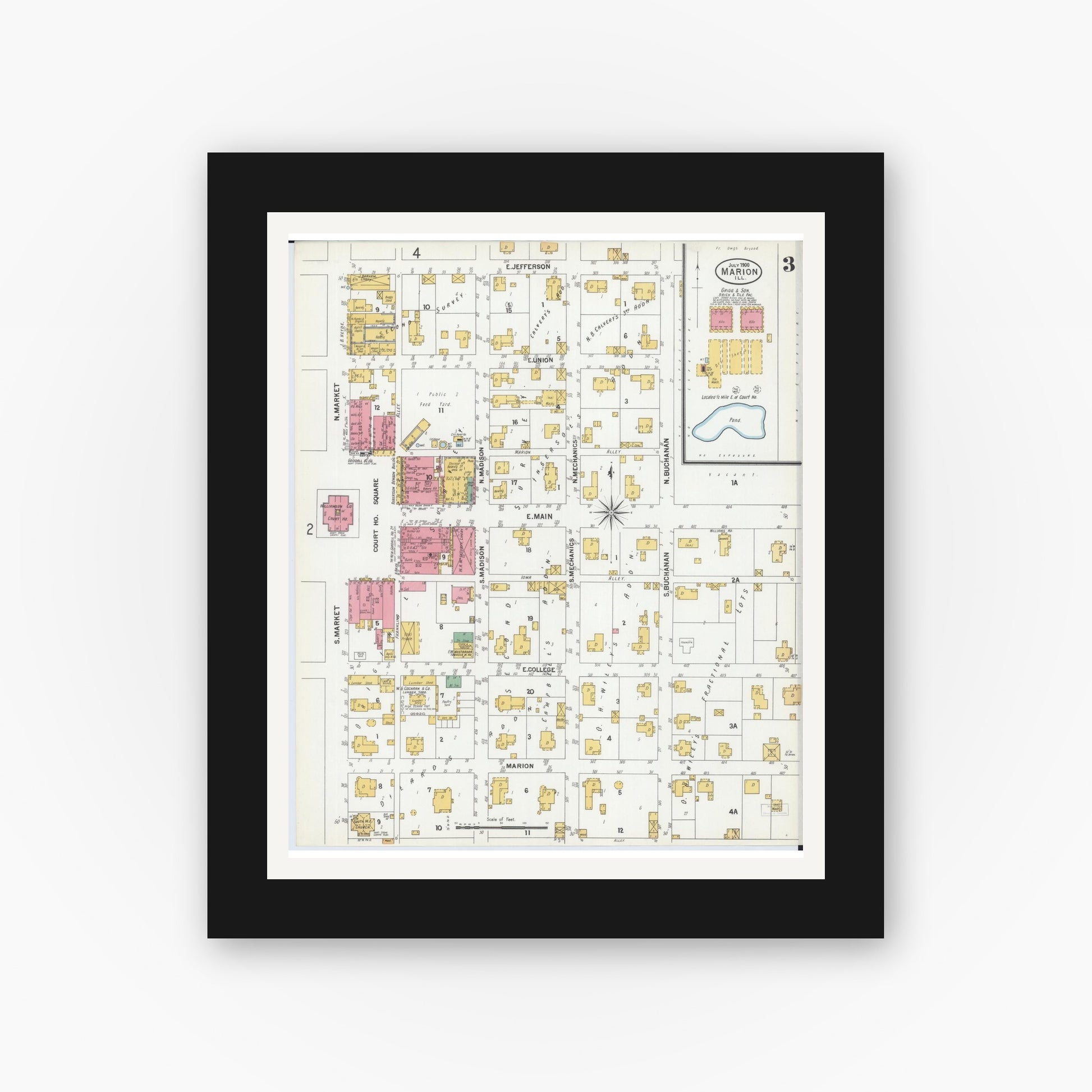 Old map wall art mockup — black gallery frame with white mat — Sanborn Fire Insurance Map from Marion, Williamson County, Illinois (1900), Sheet #0005