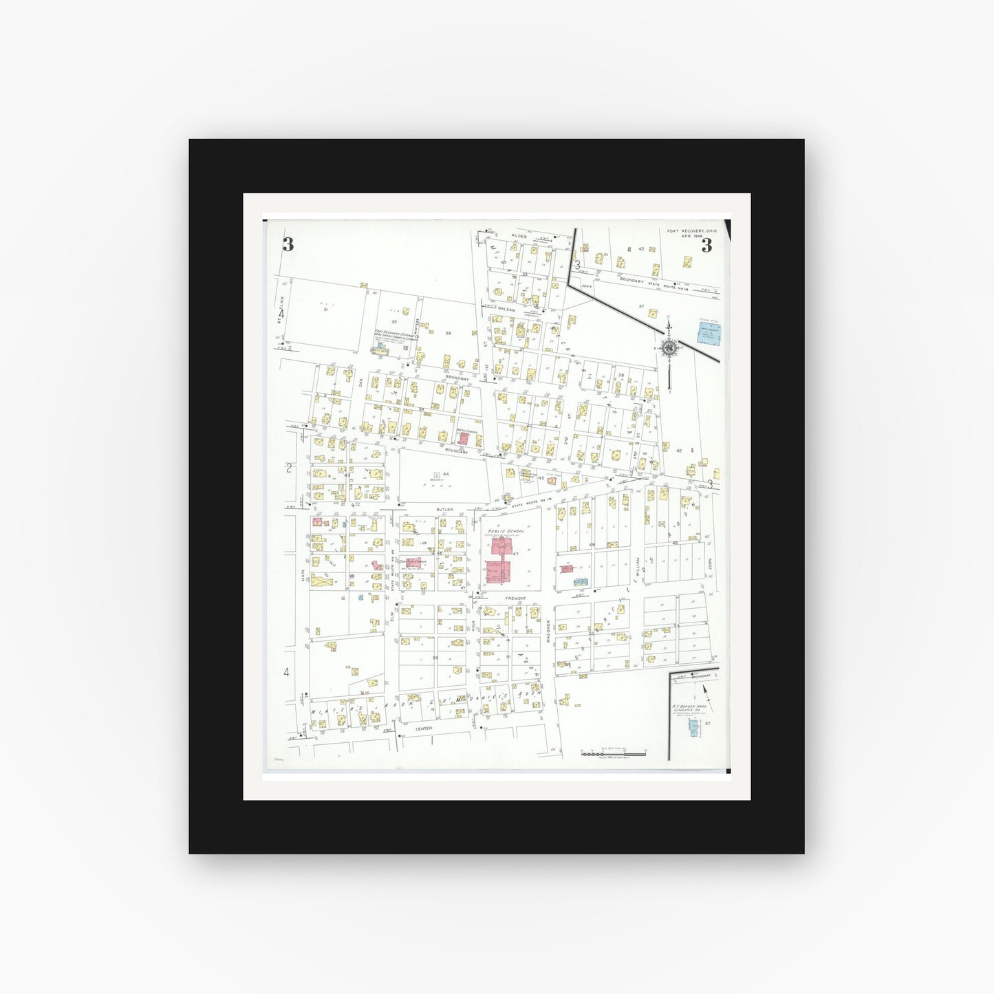 Old map wall art mockup — black gallery frame with white mat — Sanborn Fire Insurance Map from Fort Recovery, Mercer County, Ohio (1946), Sheet #0003