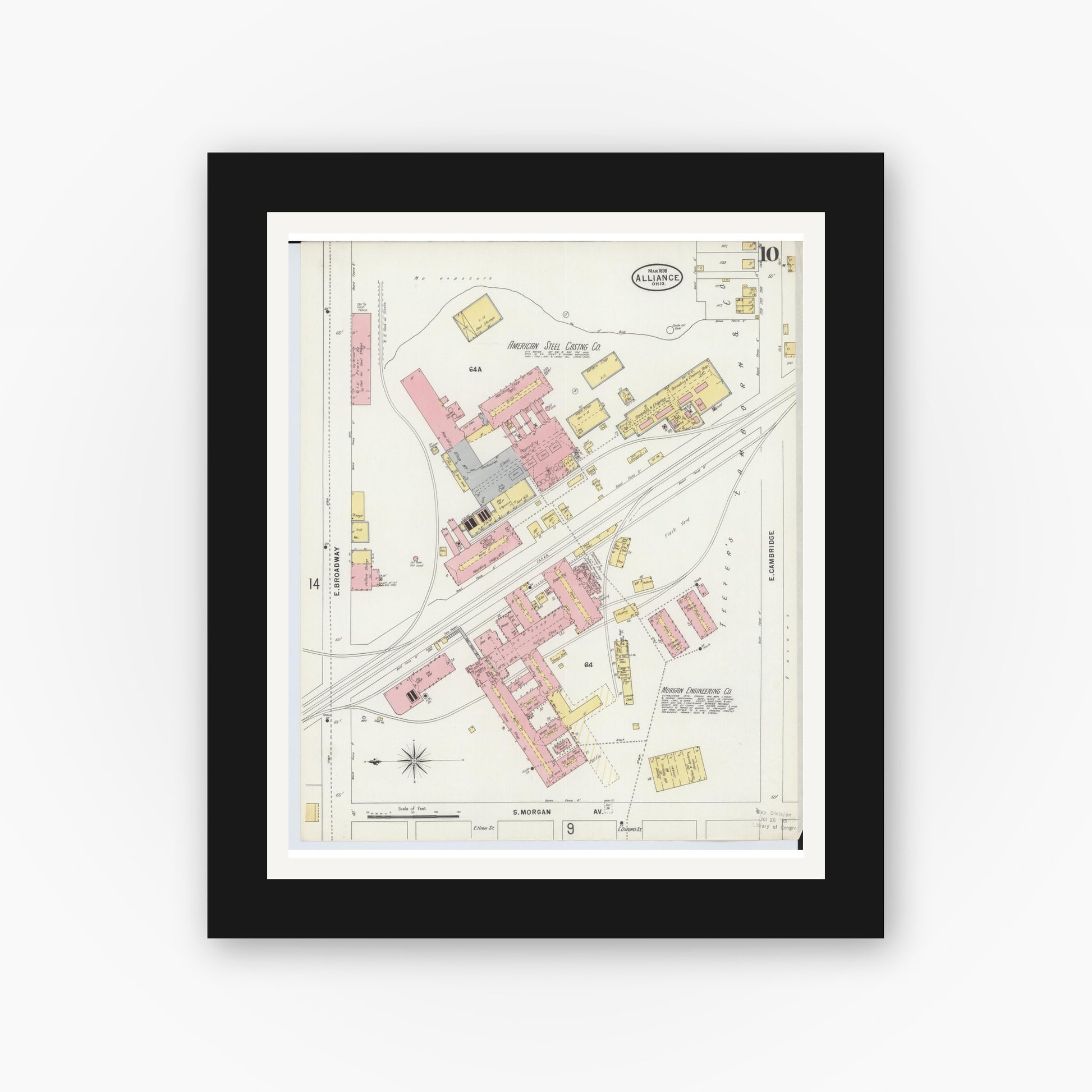 Old map wall art mockup — black gallery frame with white mat — Sanborn Fire Insurance Map from Alliance, Stark County, Ohio (1898), Sheet #0010