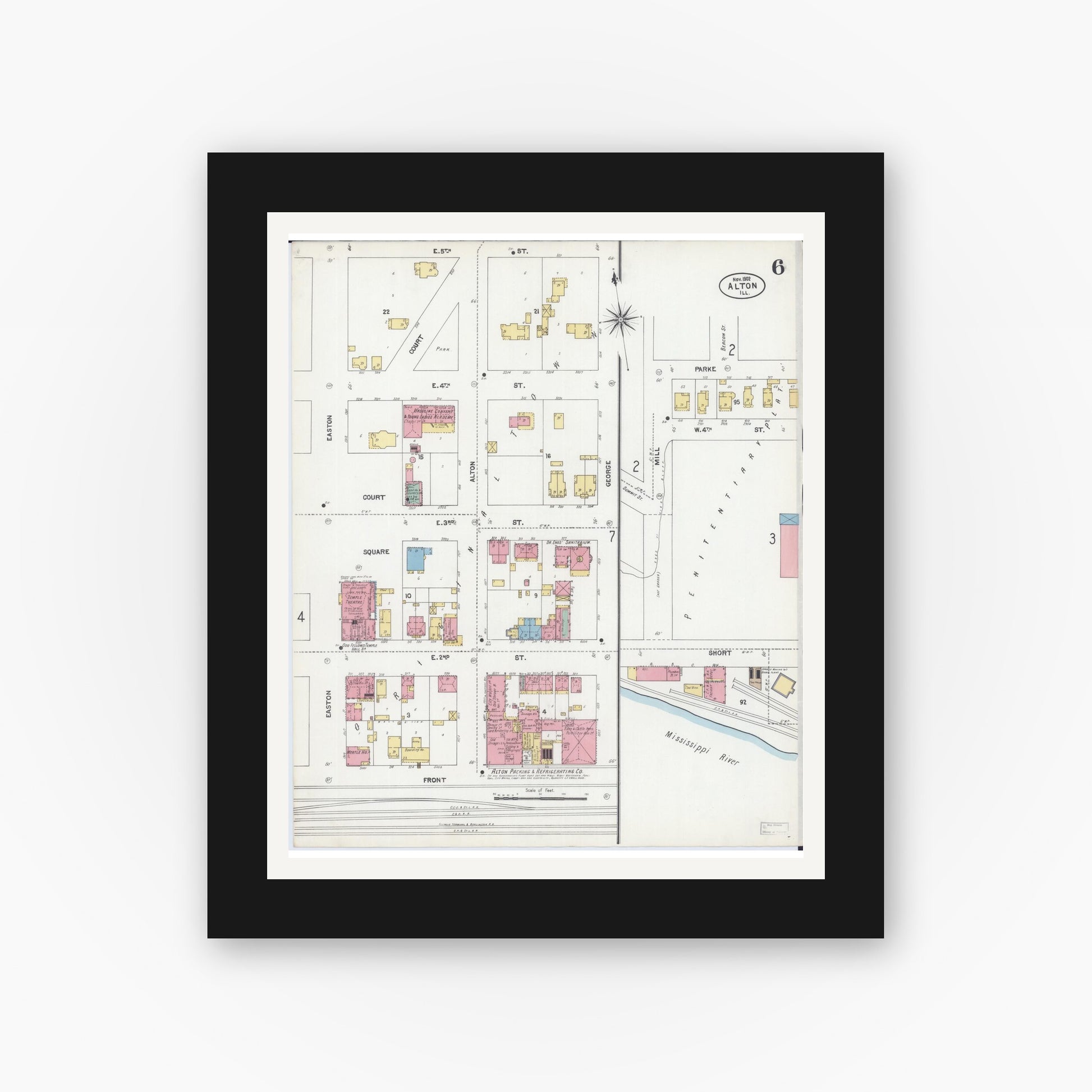 Old map wall art mockup — black gallery frame with white mat — Sanborn Fire Insurance Map from Alton, Madison County, Illinois (1902), Sheet #0006