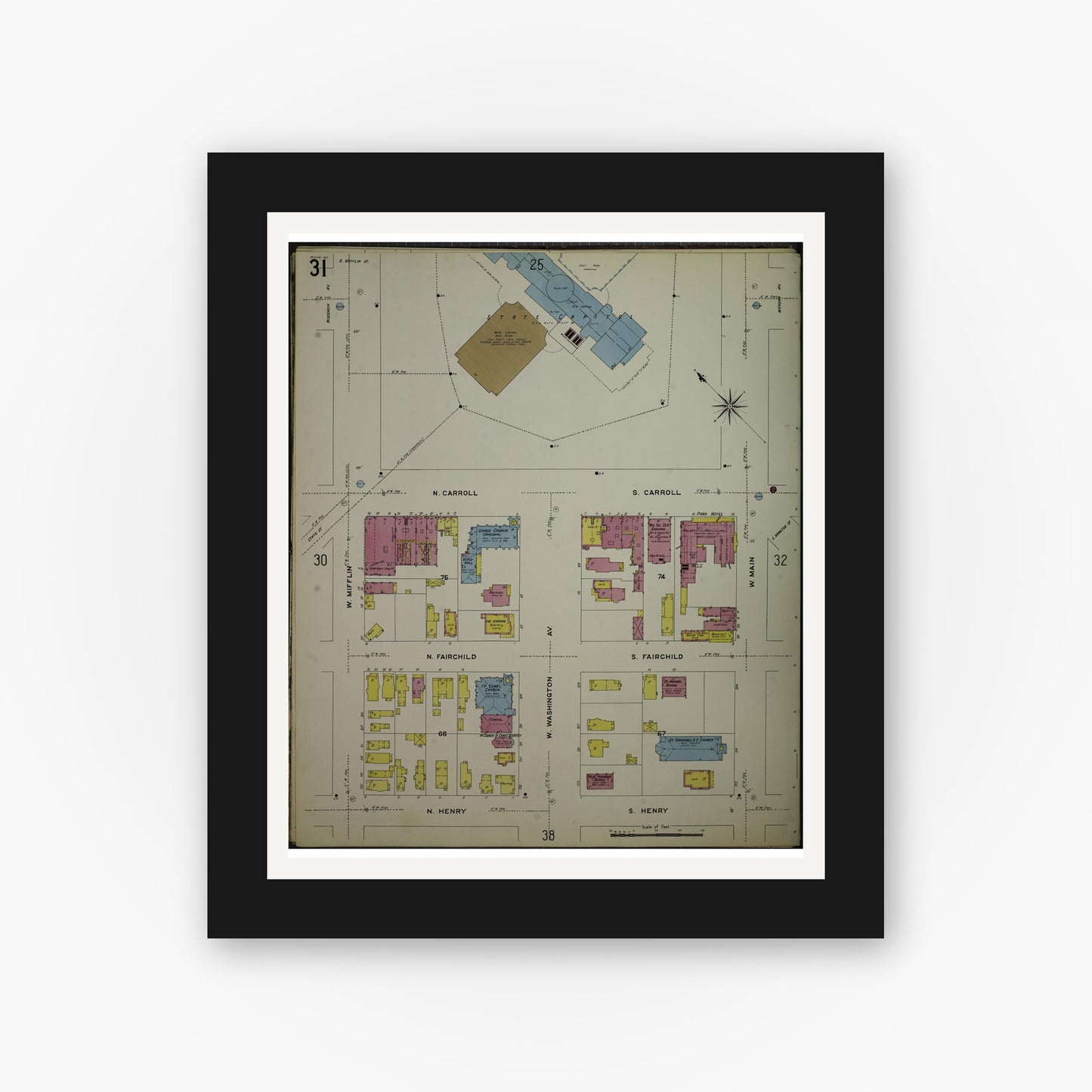 Old map wall art mockup — black gallery frame with white mat — Sanborn Fire Insurance Map from Madison, Dane County, Wisconsin (1908), Sheet #0031