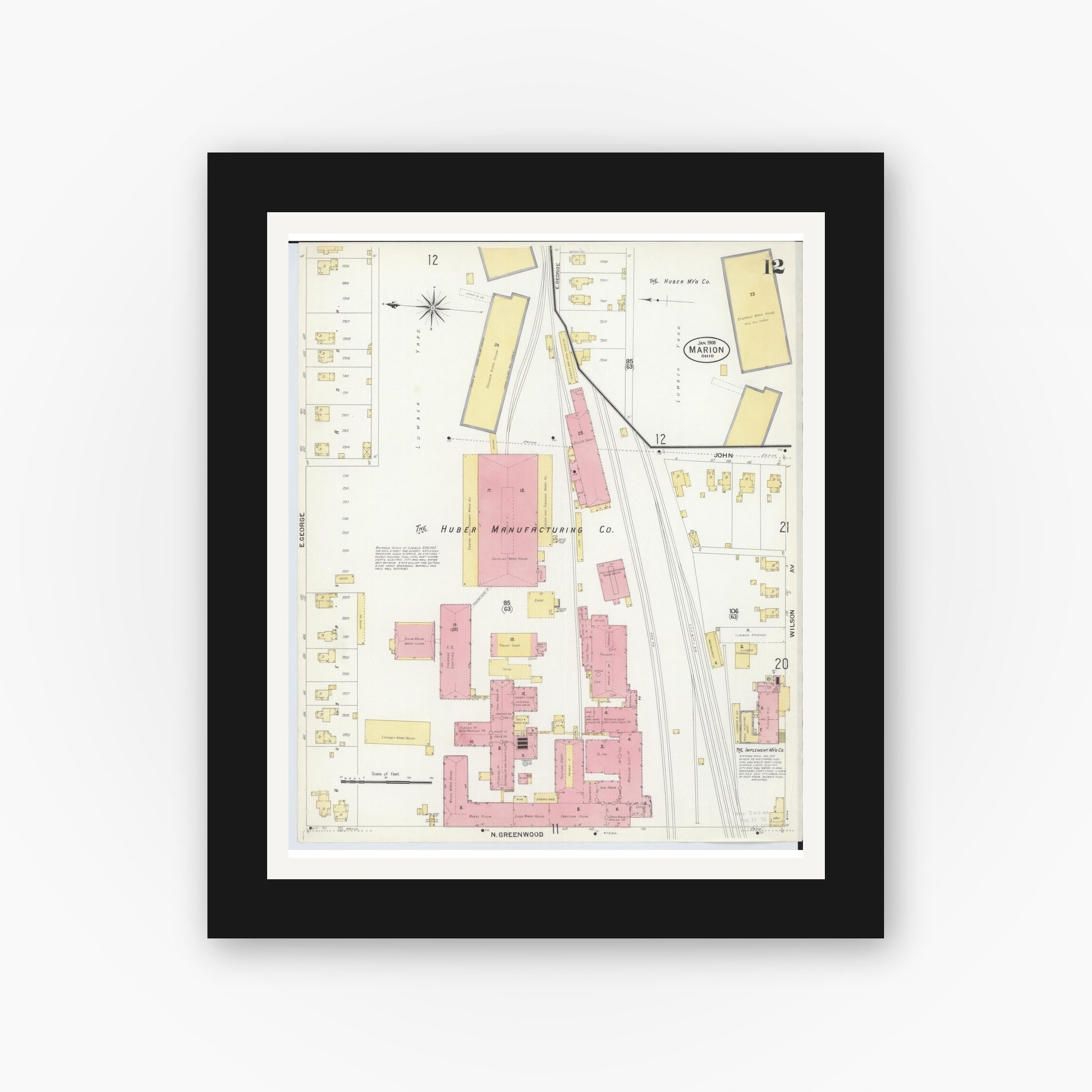 Old map wall art mockup — black gallery frame with white mat — Sanborn Fire Insurance Map from Marion, Marion County, Ohio (1908), Sheet #0012