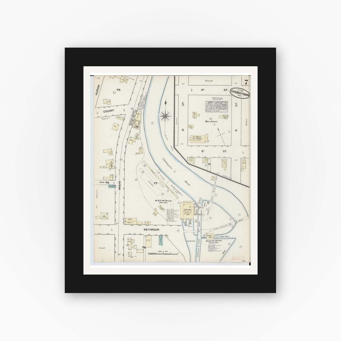 Old map wall art mockup — black gallery frame with white mat — Sanborn Fire Insurance Map from Cheboygan, Cheboygan County, Michigan (1884), Sheet #0007