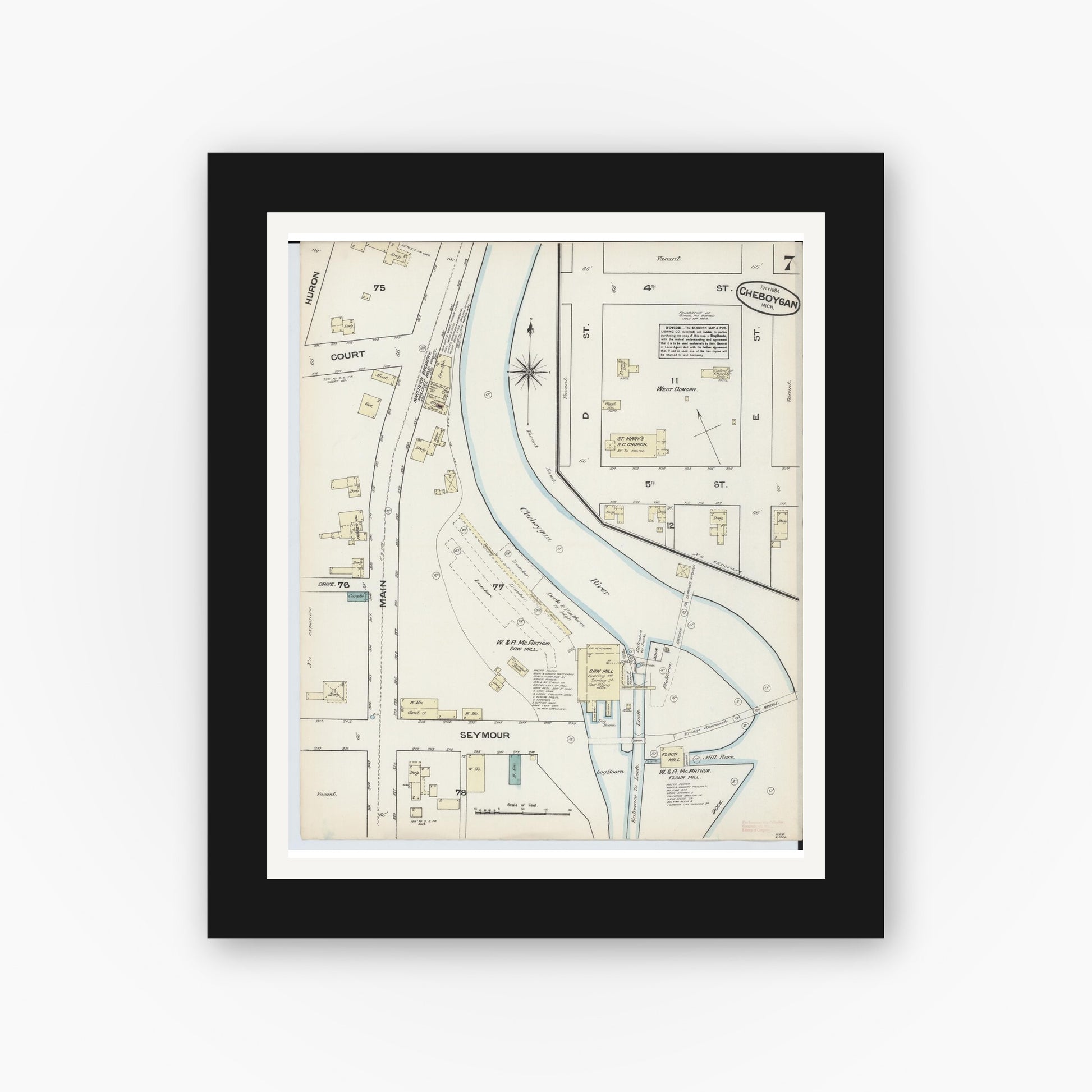 Old map wall art mockup — black gallery frame with white mat — Sanborn Fire Insurance Map from Cheboygan, Cheboygan County, Michigan (1884), Sheet #0007