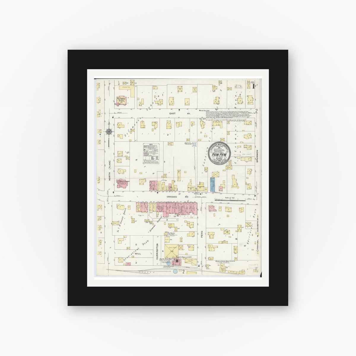 Old map wall art mockup — black gallery frame with white mat — Sanborn Fire Insurance Map from Paw Paw, Lee County, Illinois (1910) - Complete Map Set