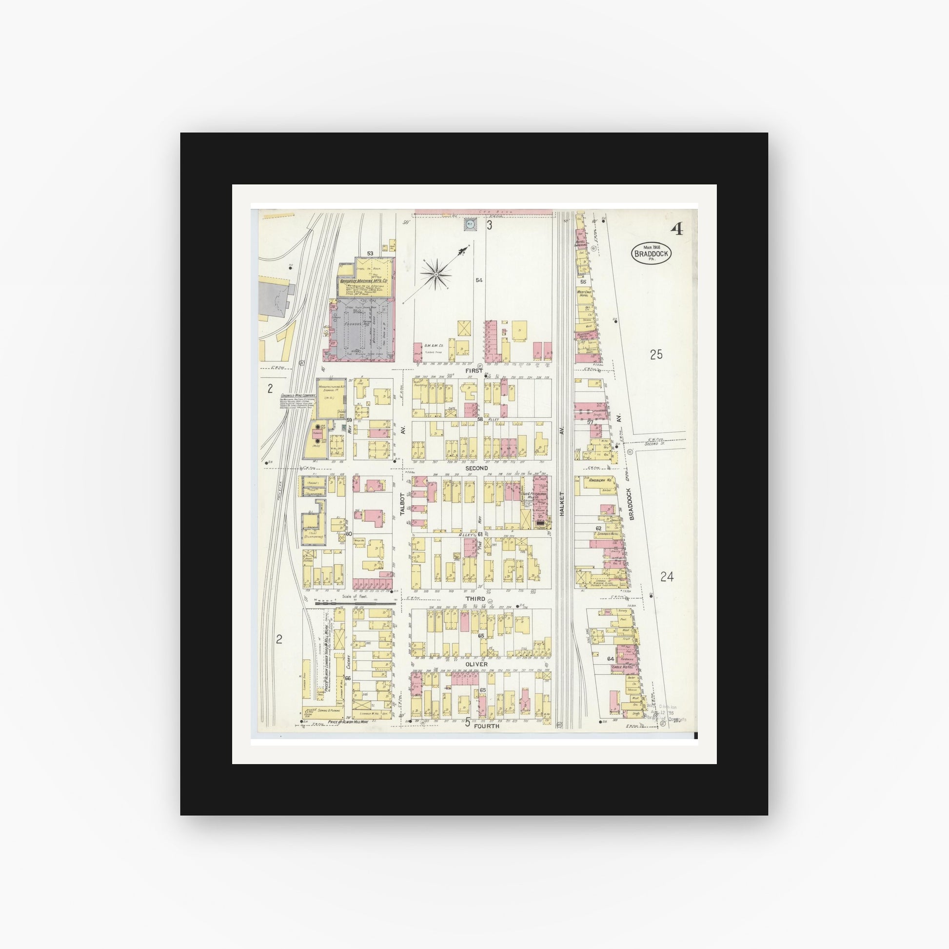 Old map wall art mockup — black gallery frame with white mat — Sanborn Fire Insurance Map from Braddock, Allegheny County, Pennsylvania (1908), Sheet #0004