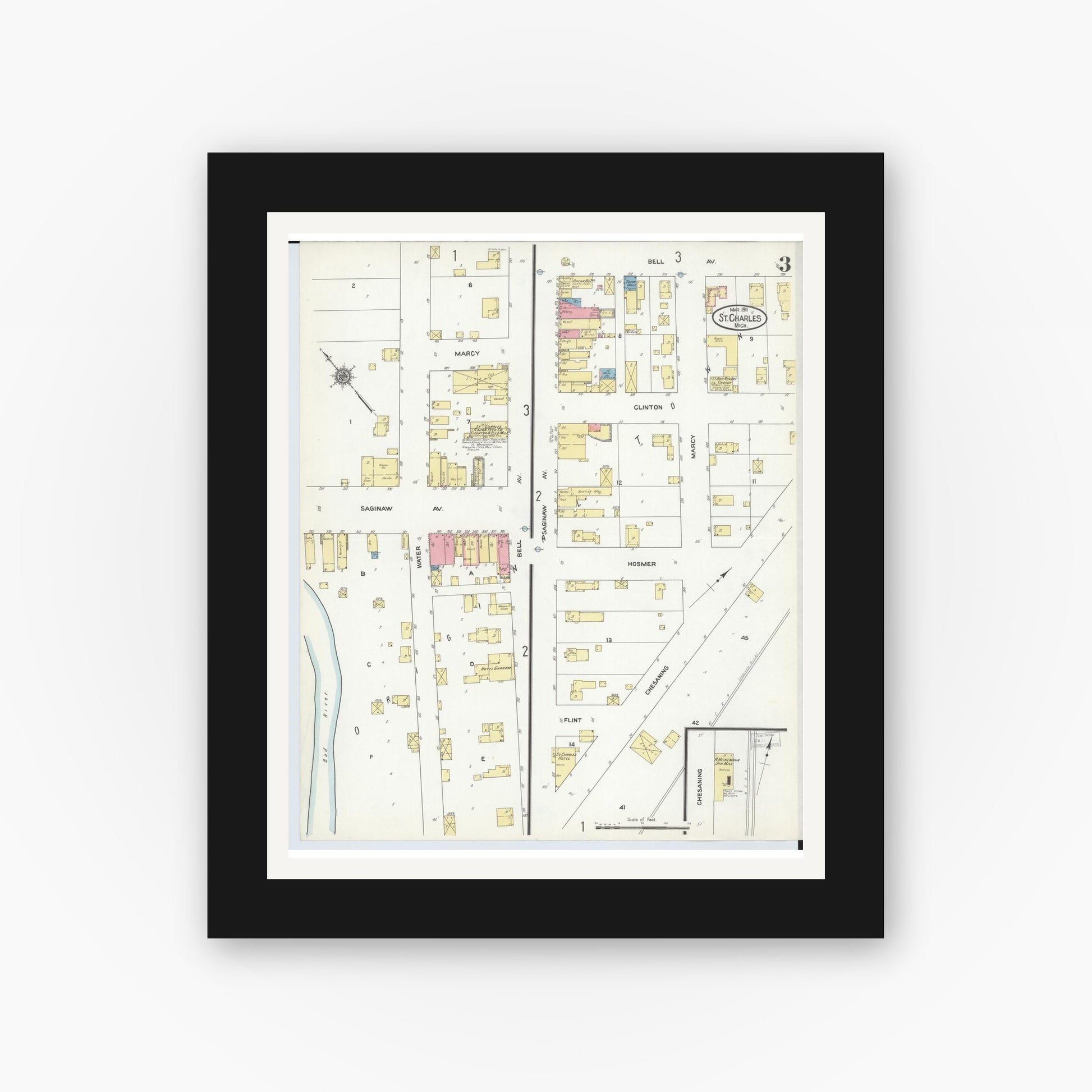 Old map wall art mockup — black gallery frame with white mat — Sanborn Fire Insurance Map from Saint Charles, Saginaw County, Michigan (1911), Sheet #0003