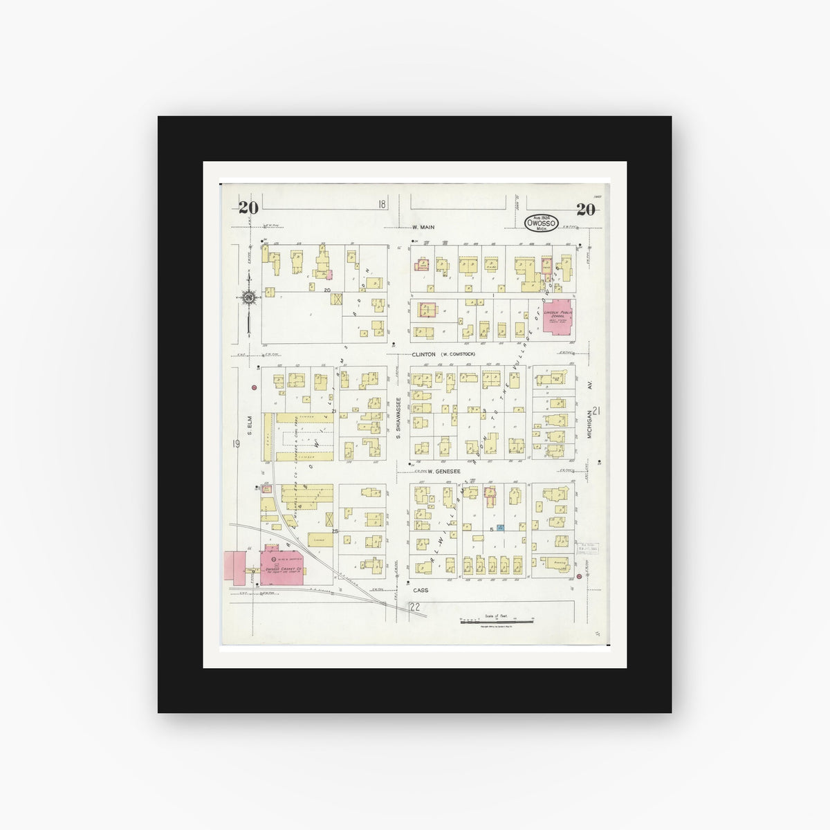 Old map wall art mockup — black gallery frame with white mat — Sanborn Fire Insurance Map from Owosso, Shiawassee County, Michigan (1924), Sheet #0020