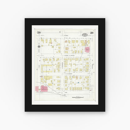 Old map wall art mockup — black gallery frame with white mat — Sanborn Fire Insurance Map from Owosso, Shiawassee County, Michigan (1924), Sheet #0020