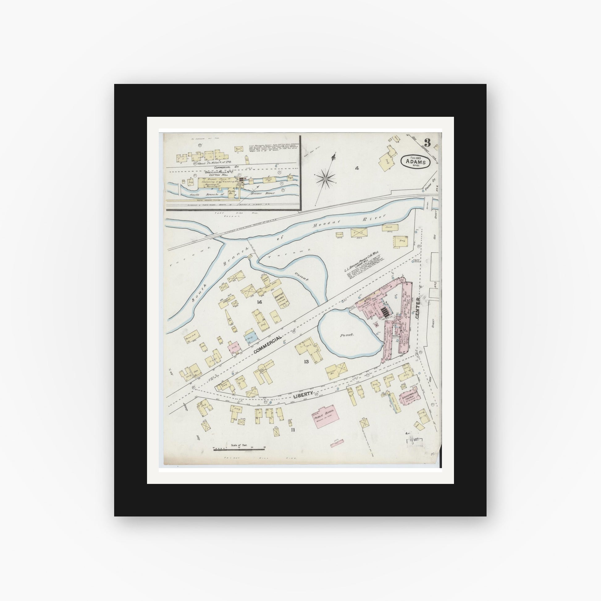 Old map wall art mockup — black gallery frame with white mat — Sanborn Fire Insurance Map from Adams, Berkshire County, Massachusetts (1889), Sheet #0003