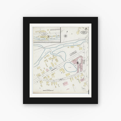Old map wall art mockup — black gallery frame with white mat — Sanborn Fire Insurance Map from Adams, Berkshire County, Massachusetts (1889), Sheet #0003