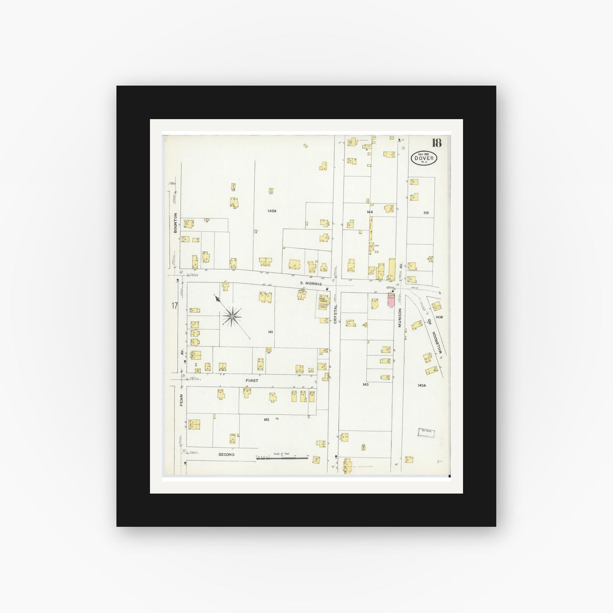 Old map wall art mockup — black gallery frame with white mat — Sanborn Fire Insurance Map from Dover, Morris County, New Jersey (1909), Sheet #0018