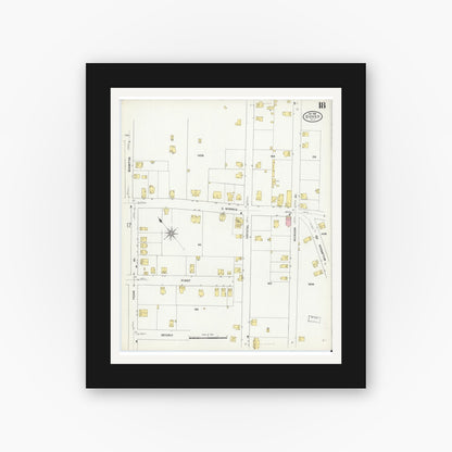 Old map wall art mockup — black gallery frame with white mat — Sanborn Fire Insurance Map from Dover, Morris County, New Jersey (1909), Sheet #0018