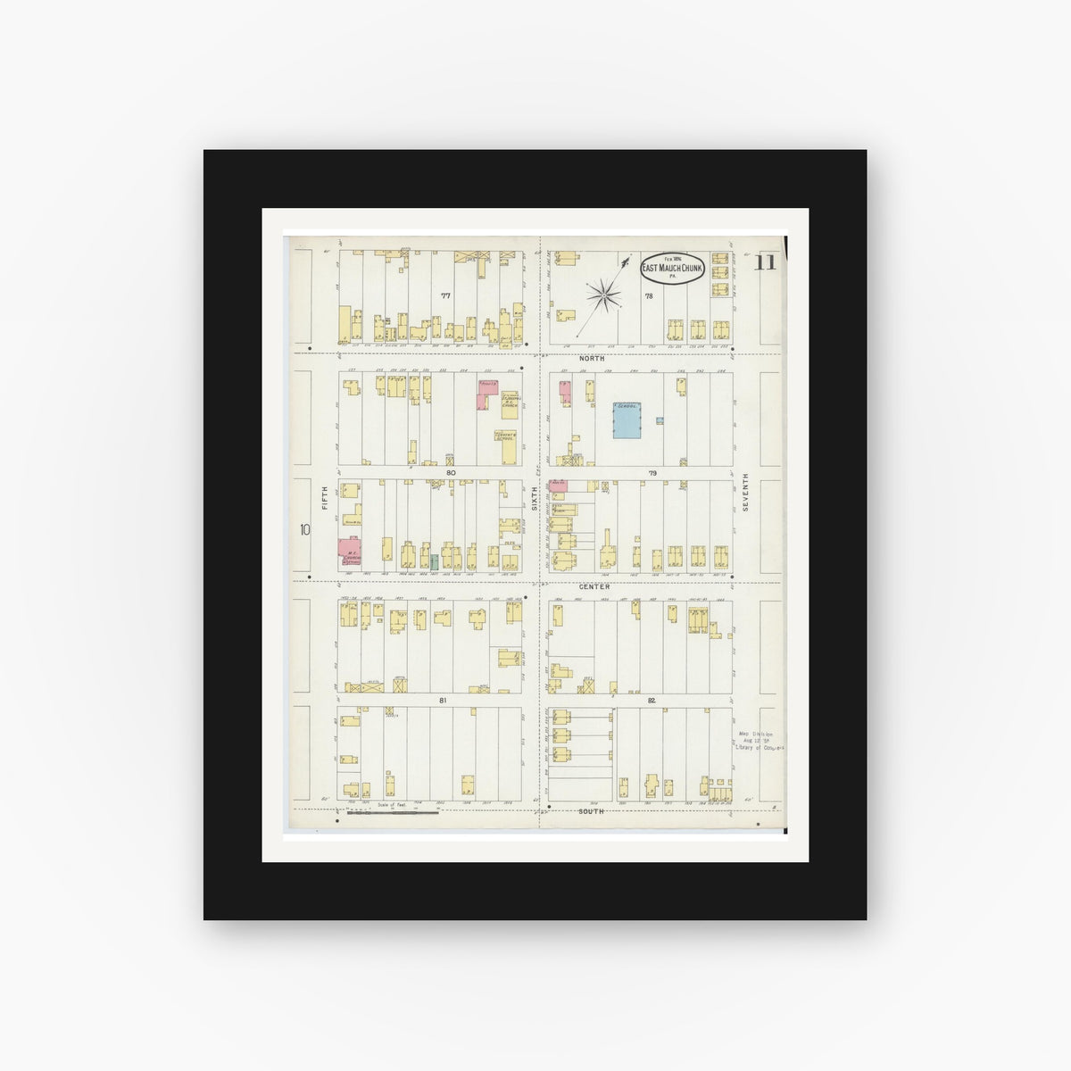 Old map wall art mockup — black gallery frame with white mat — Sanborn Fire Insurance Map from Mauch Chunk, Carbon County, Pennsylvania (1896), Sheet #0011