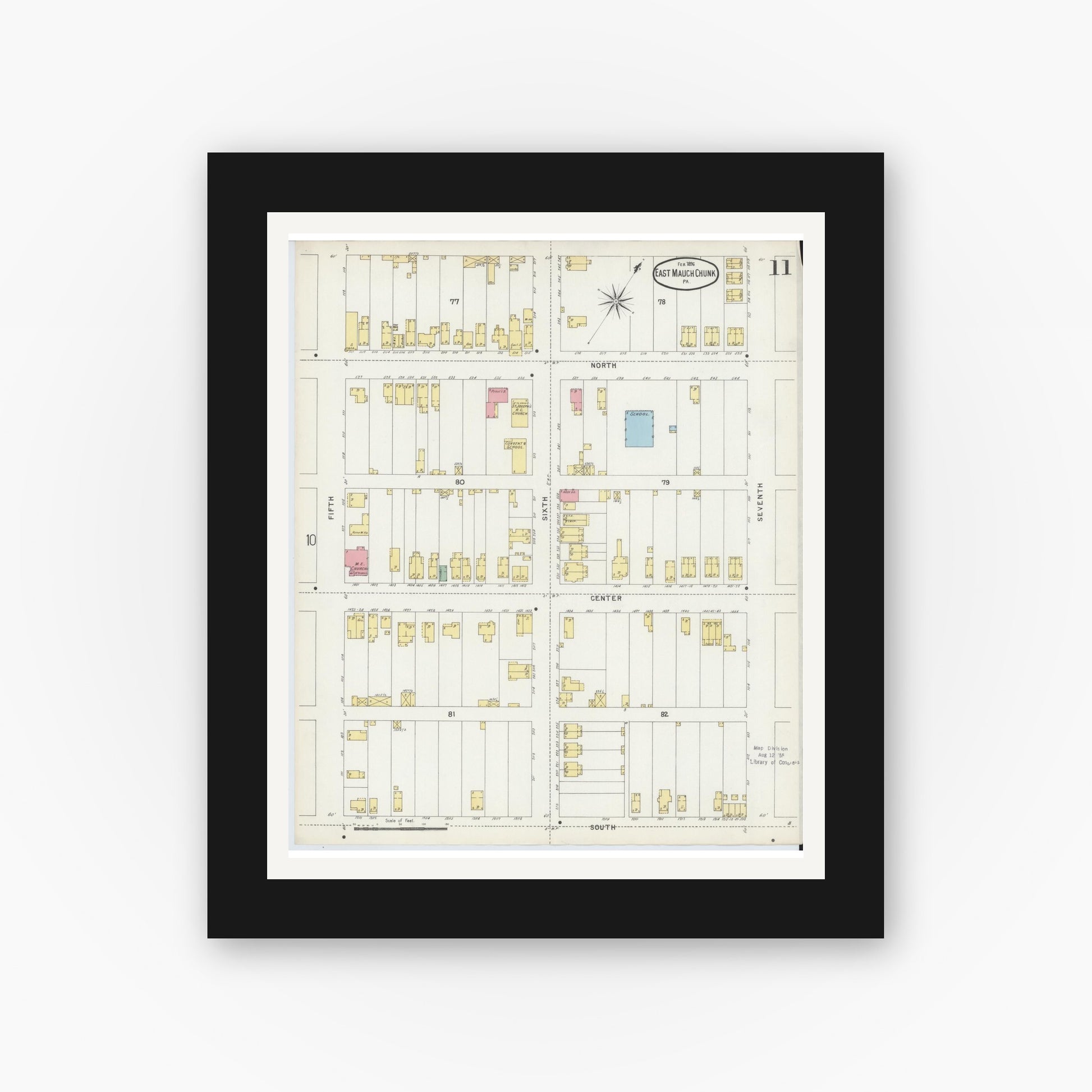 Old map wall art mockup — black gallery frame with white mat — Sanborn Fire Insurance Map from Mauch Chunk, Carbon County, Pennsylvania (1896), Sheet #0011