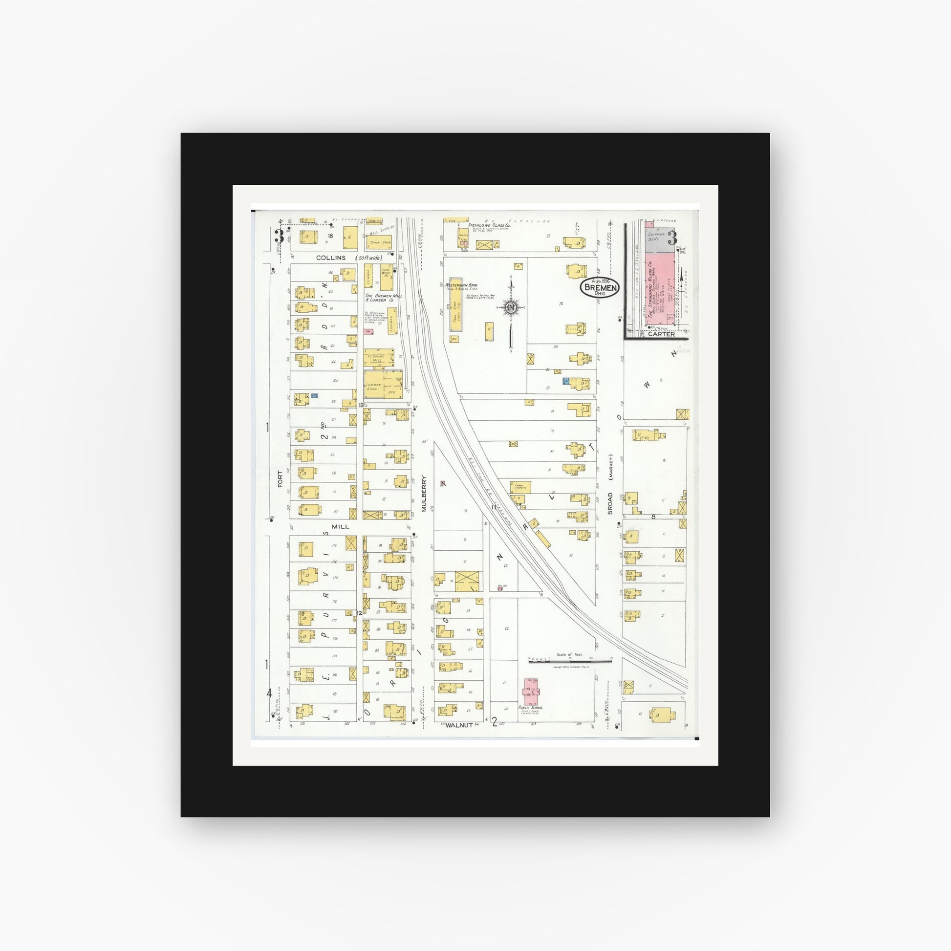 Old map wall art mockup — black gallery frame with white mat — Sanborn Fire Insurance Map from Bremen, Fairfield County, Ohio (1926), Sheet #0003