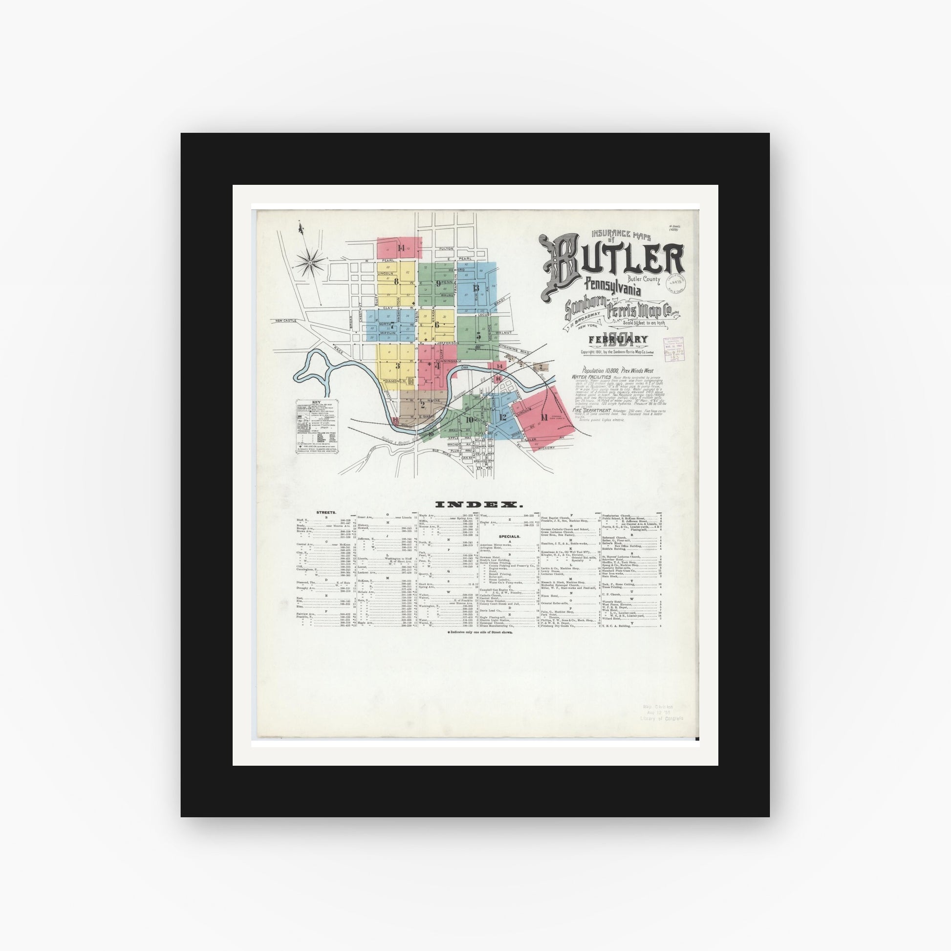 Old map wall art mockup — black gallery frame with white mat — Sanborn Fire Insurance Map from Butler, Butler County, Pennsylvania (1901), Sheet #0001