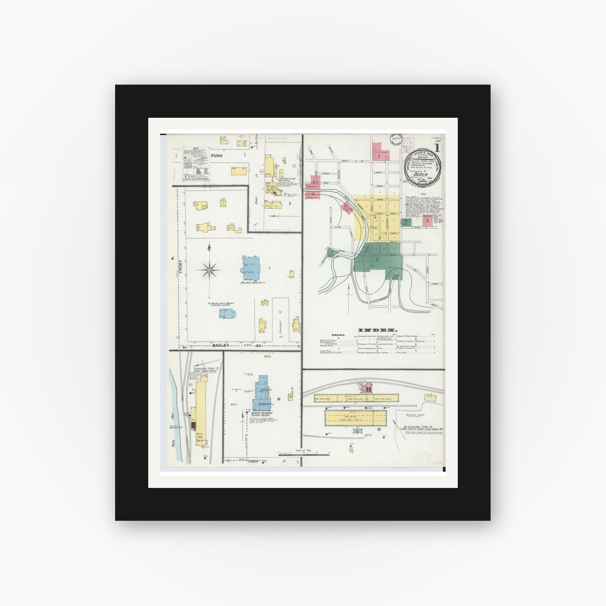 Old map wall art mockup — black gallery frame with white mat — Sanborn Fire Insurance Map from Berea, Cuyahoga County, Ohio (1901), Sheet #0001