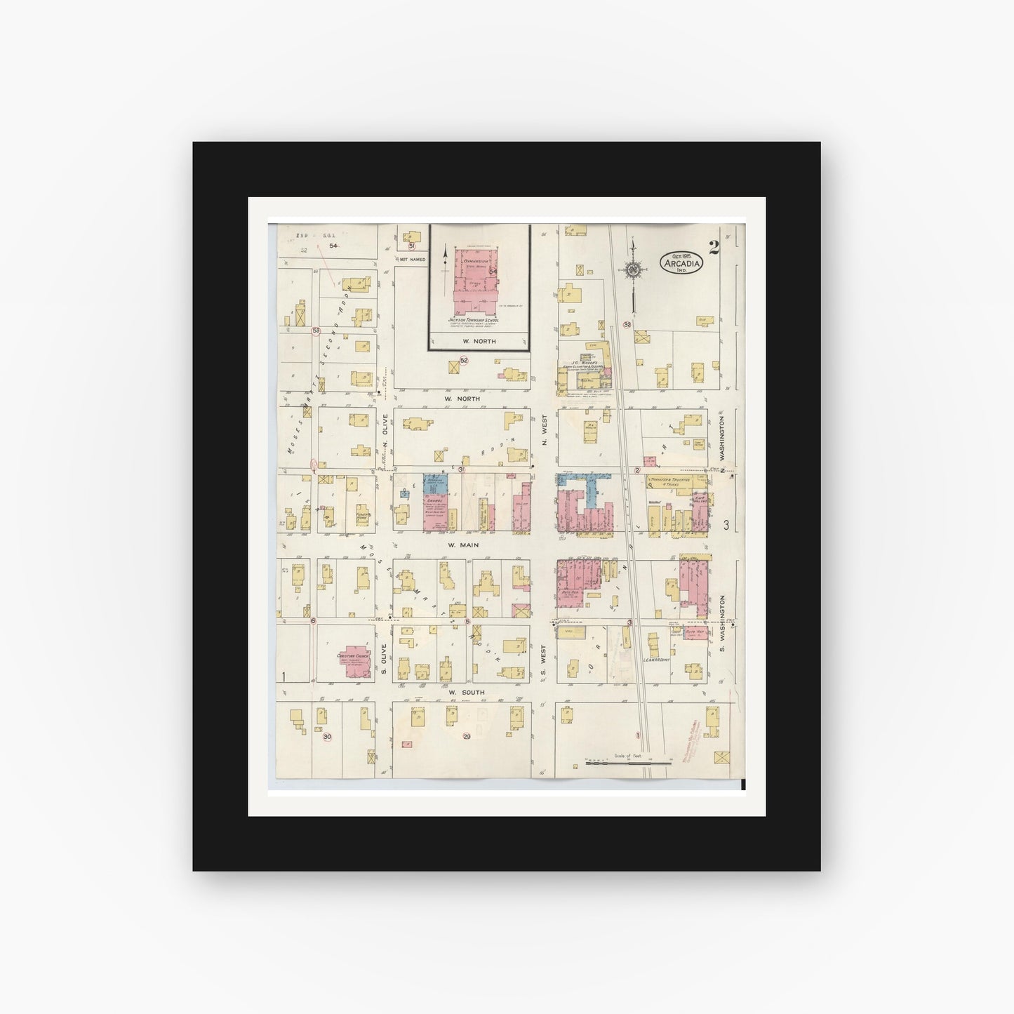 Old map wall art mockup — black gallery frame with white mat — Sanborn Fire Insurance Map from Arcadia, Hamilton County, Indiana (1933), Sheet #0002