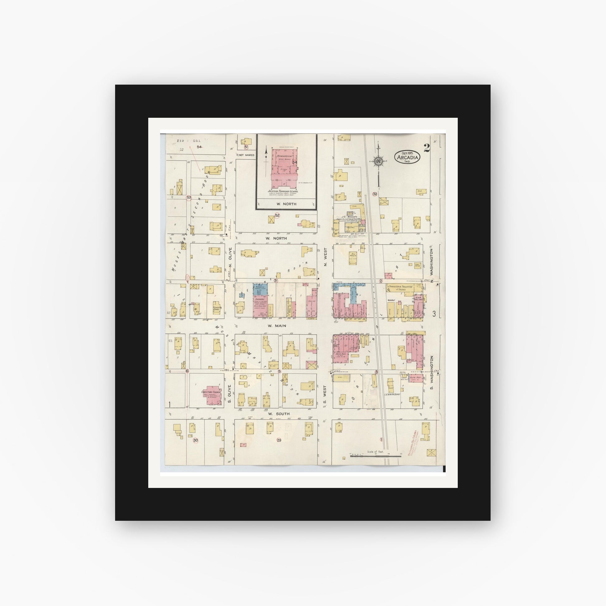 Old map wall art mockup — black gallery frame with white mat — Sanborn Fire Insurance Map from Arcadia, Hamilton County, Indiana (1933), Sheet #0002